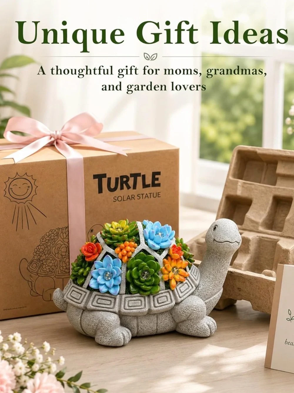 Solar Turtle Planter with Colorful LED Succulents - Garden Accent